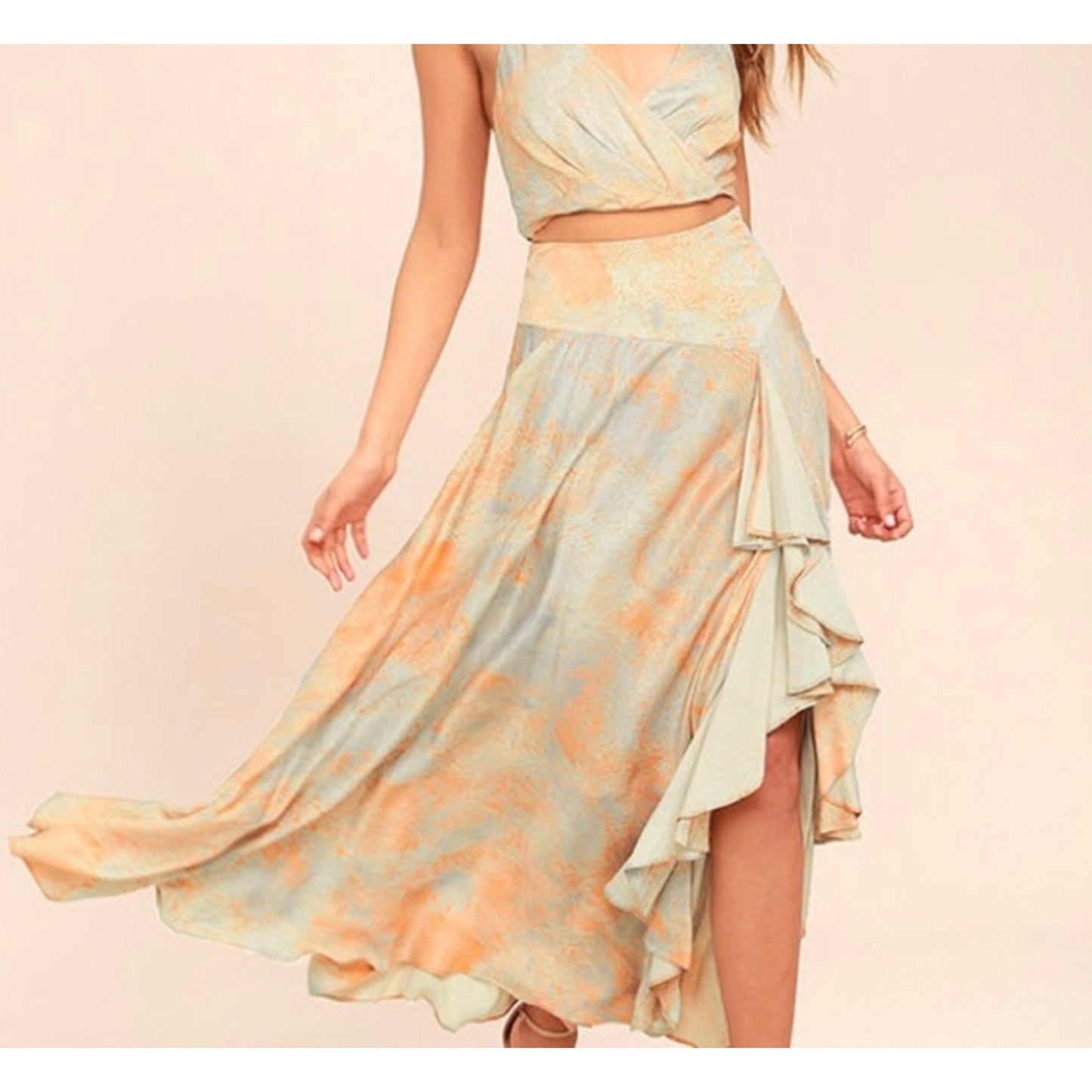 Free People Silky Orange Grey Gardenia Maxi Skirt 4