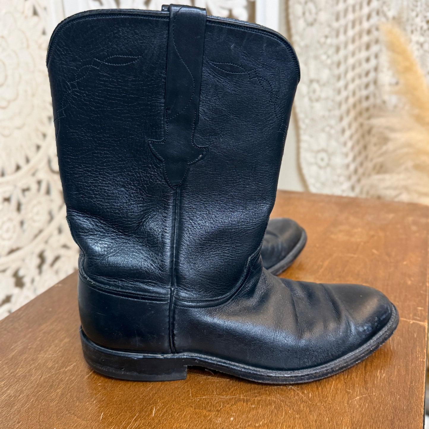 Lucchese Black Leather Roper Boots Men's 8D Women's 9.5-10