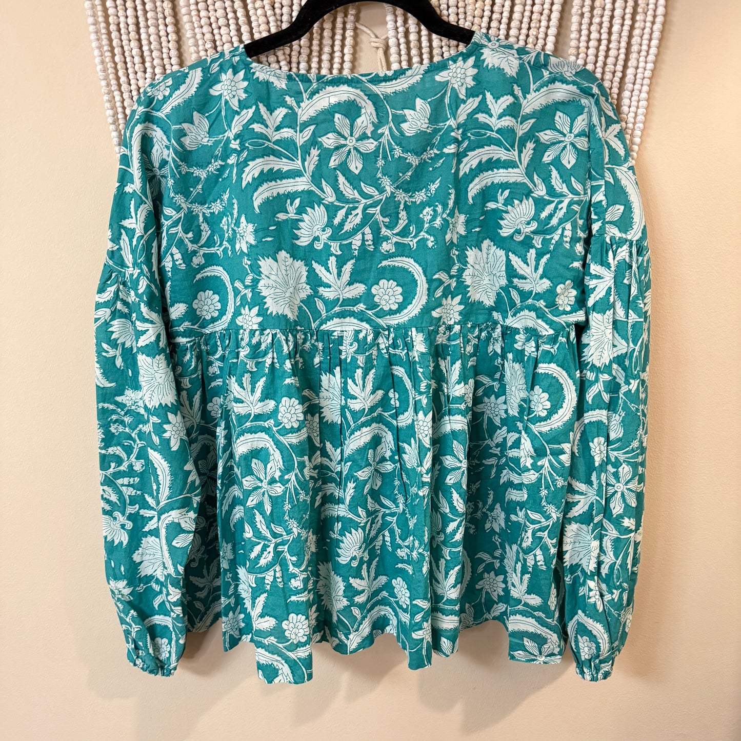 Molly Bracken Cotton Aqua Block Print Blouse M