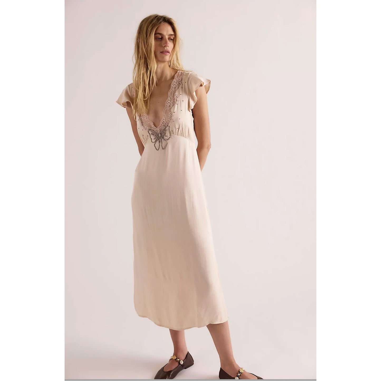 Free People Blush Pink Satin Tied With Joy Midi Dress XS