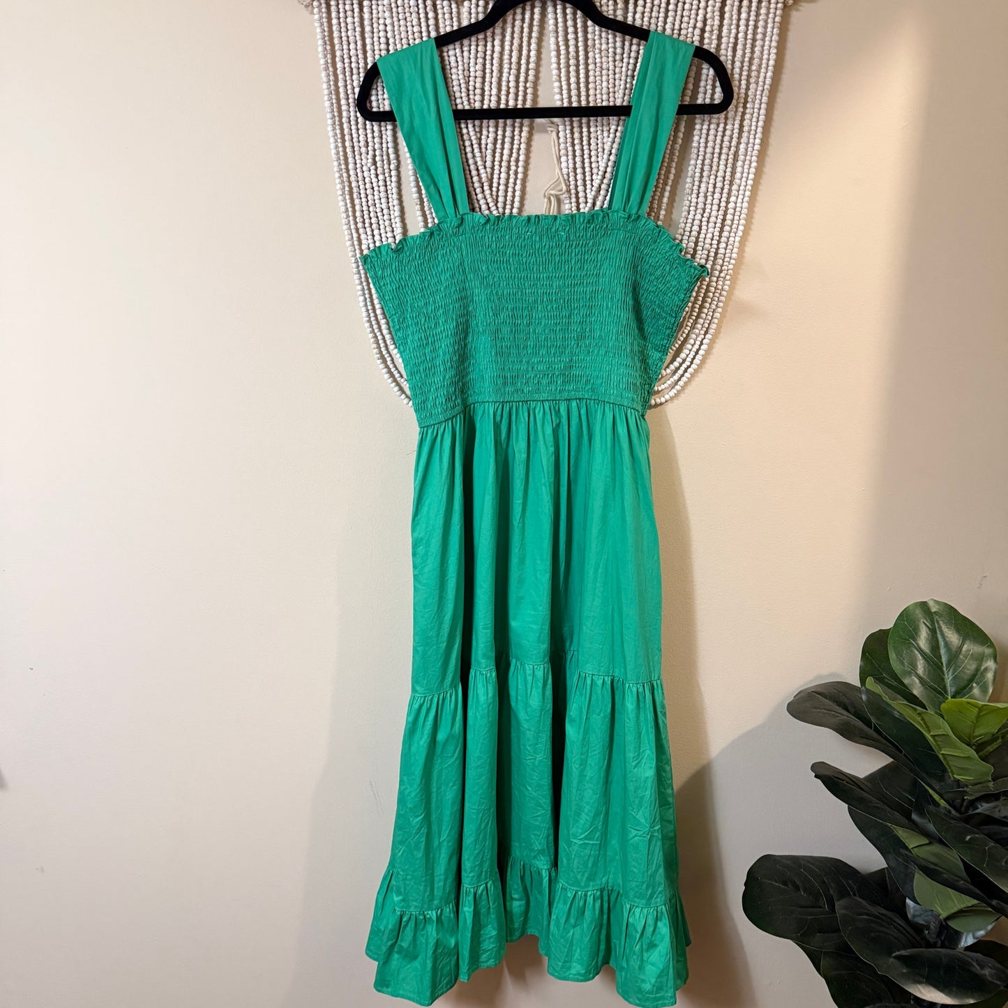 THML Green Smocked Midi Length Tiered Dress L