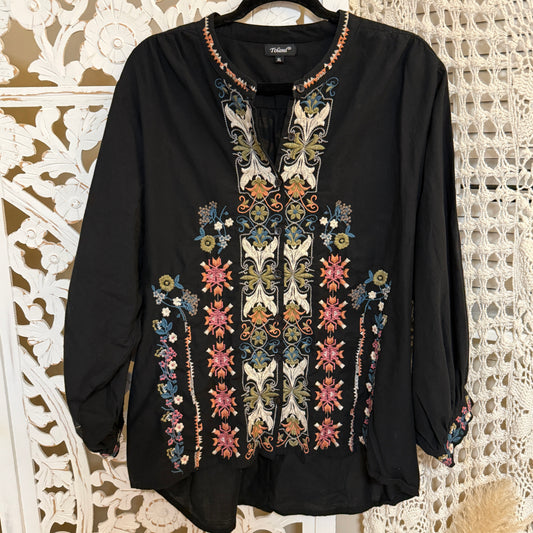 Tolani 100% Cotton Embroidered Puff Sleeve Button Down Blouse XL