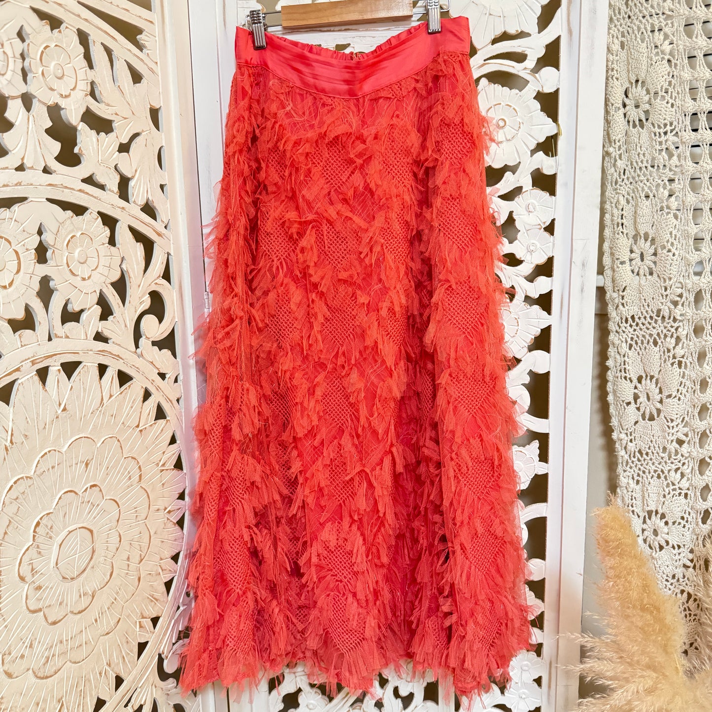 By Anthropologie Cynthia Coral Textured A-Line Midi Skirt 10