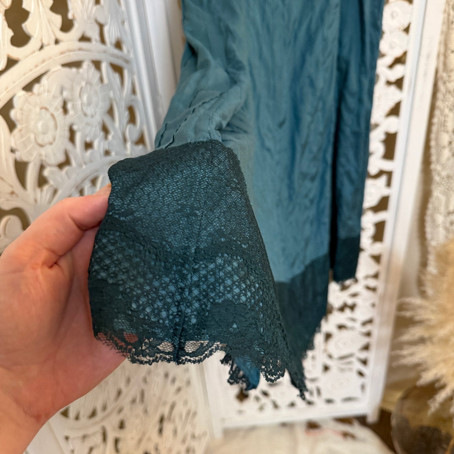 Monsoon 100% Viscose Faded Teal Lace Trim Maxi Skirt US Size 12