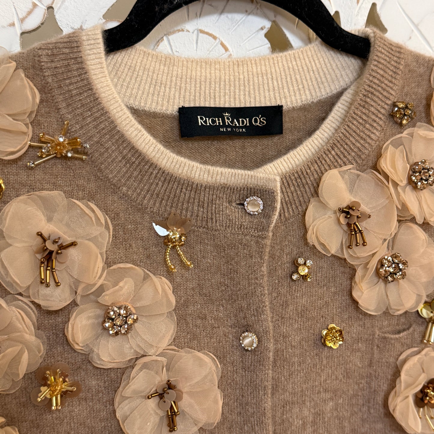 Rich Radi Q's New York Cashmere Embellished Tan Floral Cardigan One Size