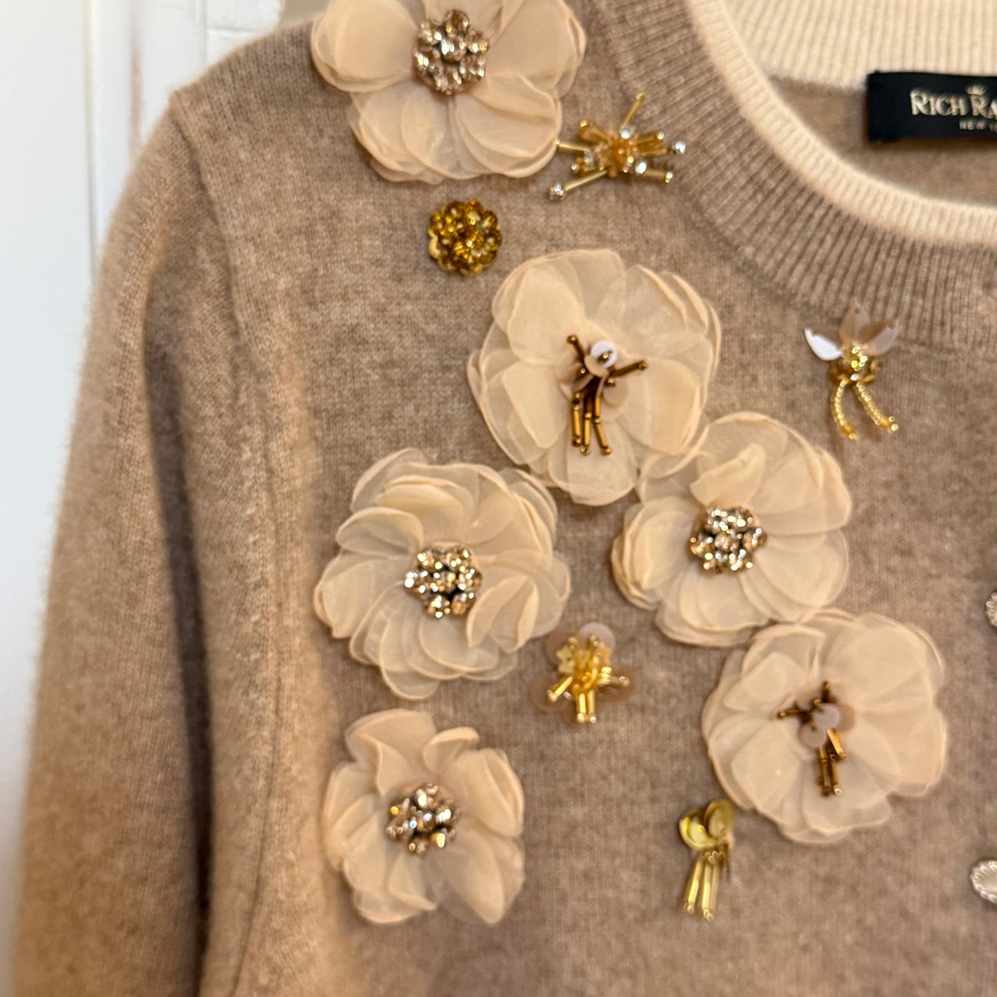 Rich Radi Q's New York Cashmere Embellished Tan Floral Cardigan One Size