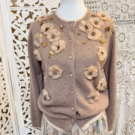 Rich Radi Q's New York Cashmere Embellished Tan Floral Cardigan One Size