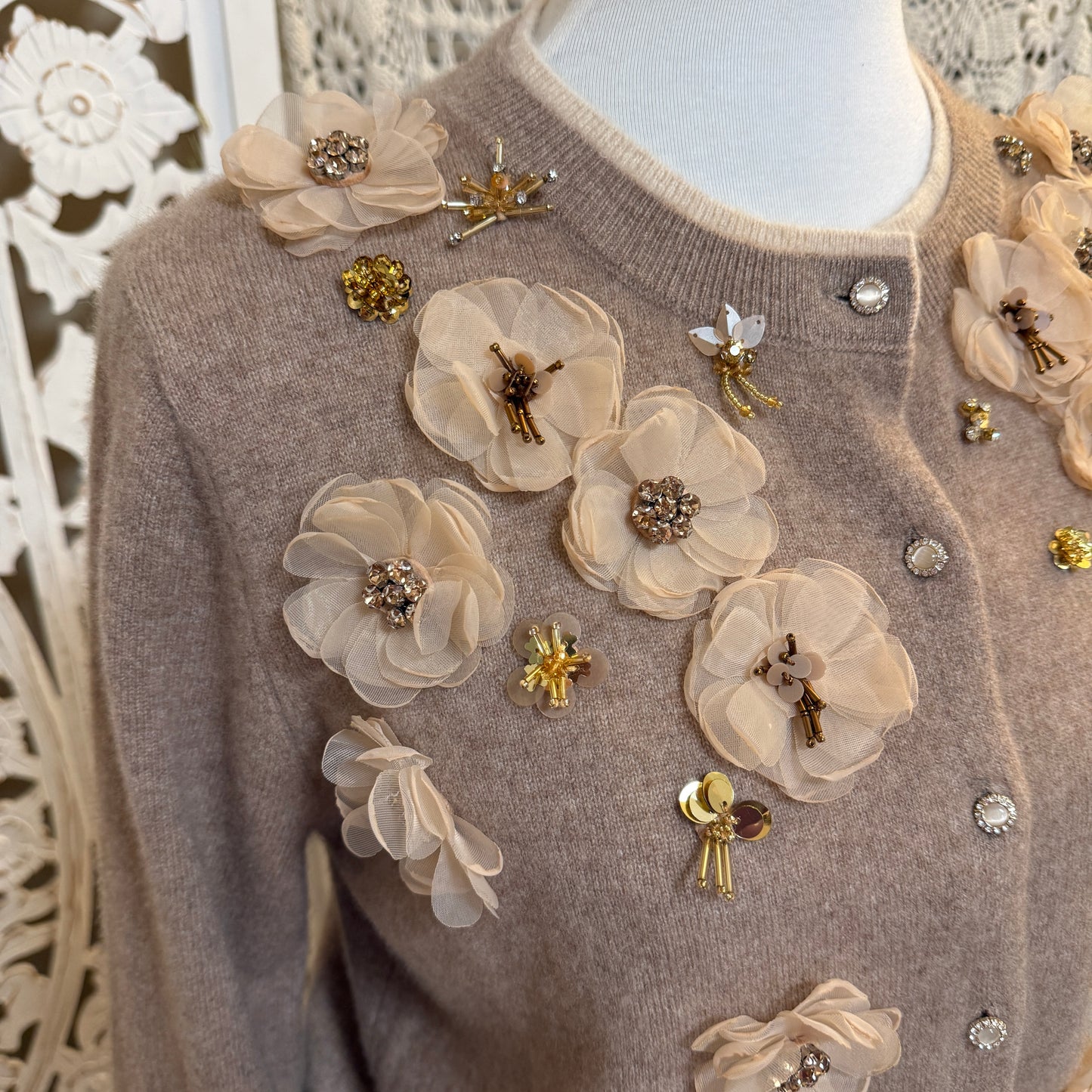 Rich Radi Q's New York Cashmere Embellished Tan Floral Cardigan One Size