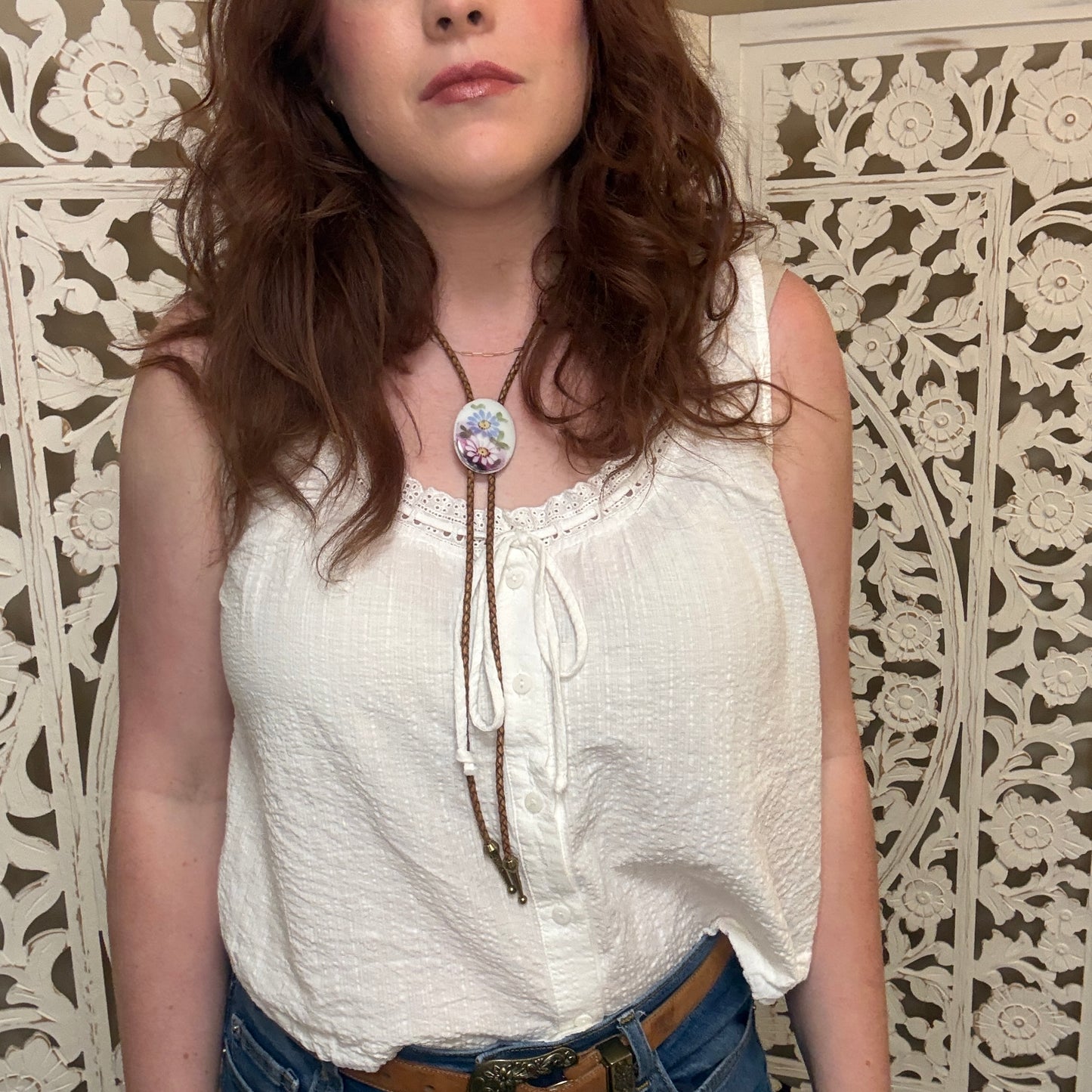 Upcycled Handpainted Floral Bolo Tie