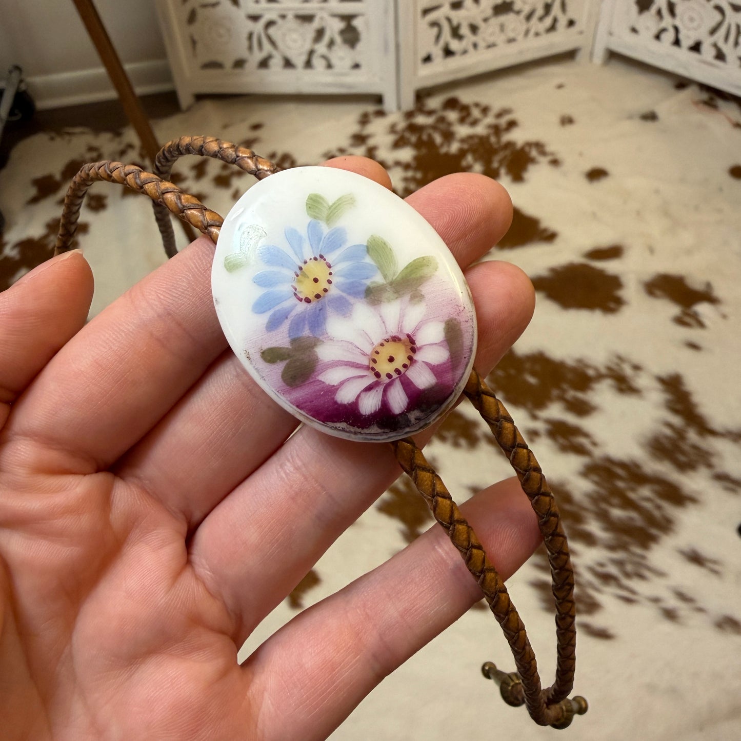 Upcycled Handpainted Floral Bolo Tie