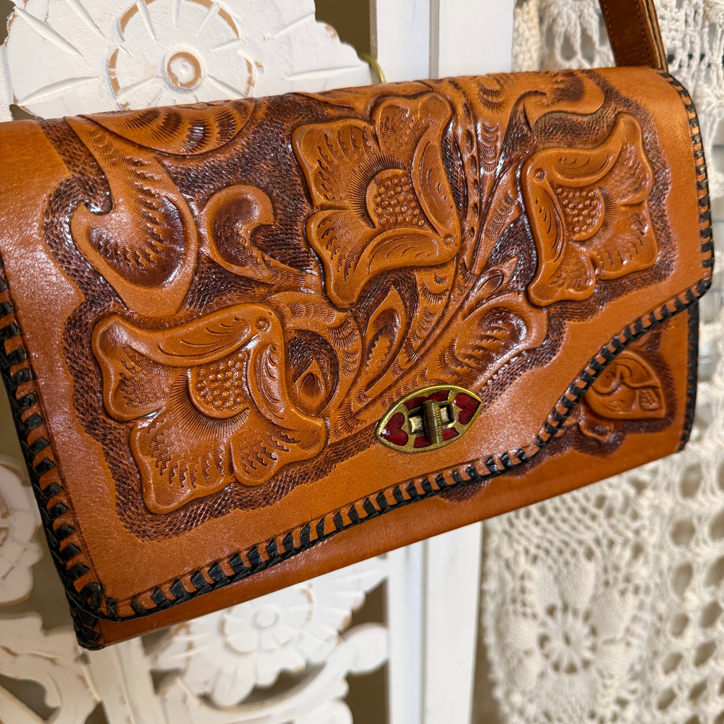 Reversible Vintage Artisan Made Cow Hide Tooled Leather Purse