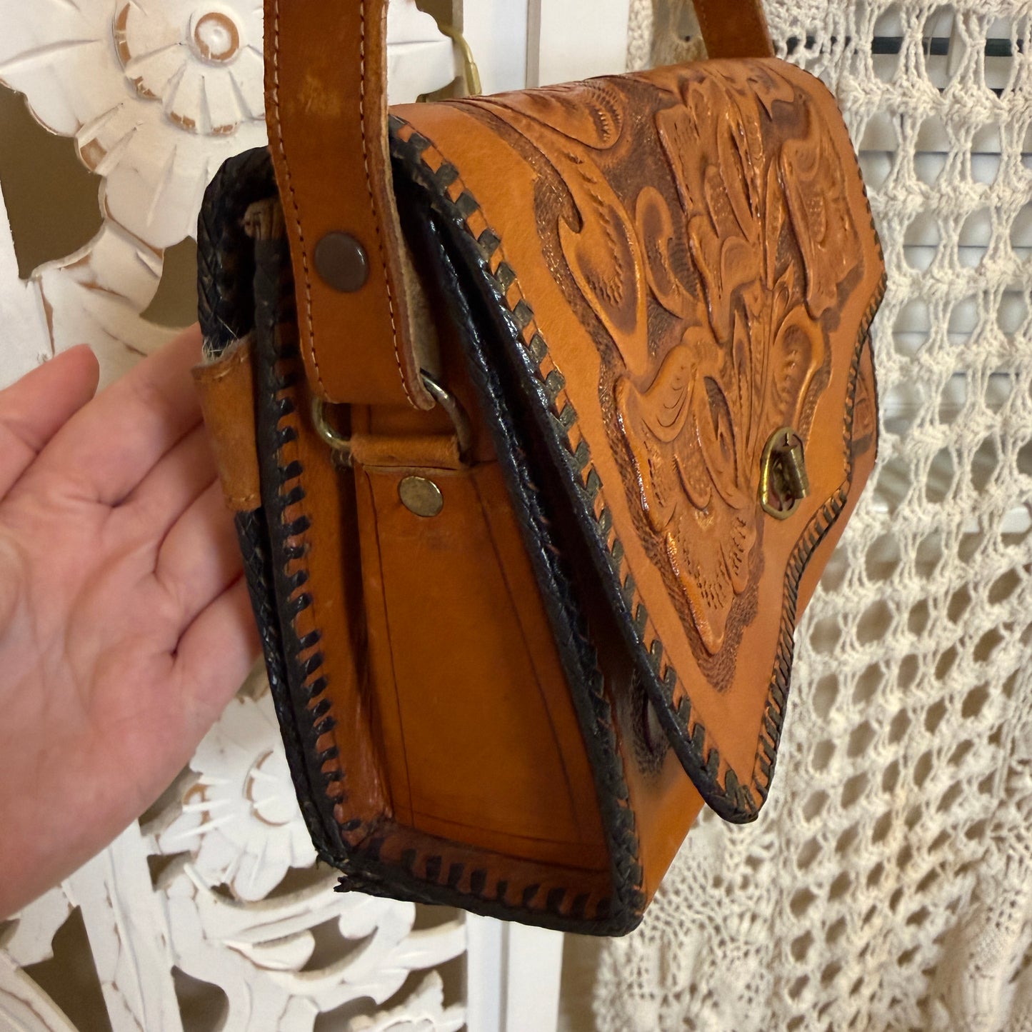 Reversible Vintage Artisan Made Cow Hide Tooled Leather Purse