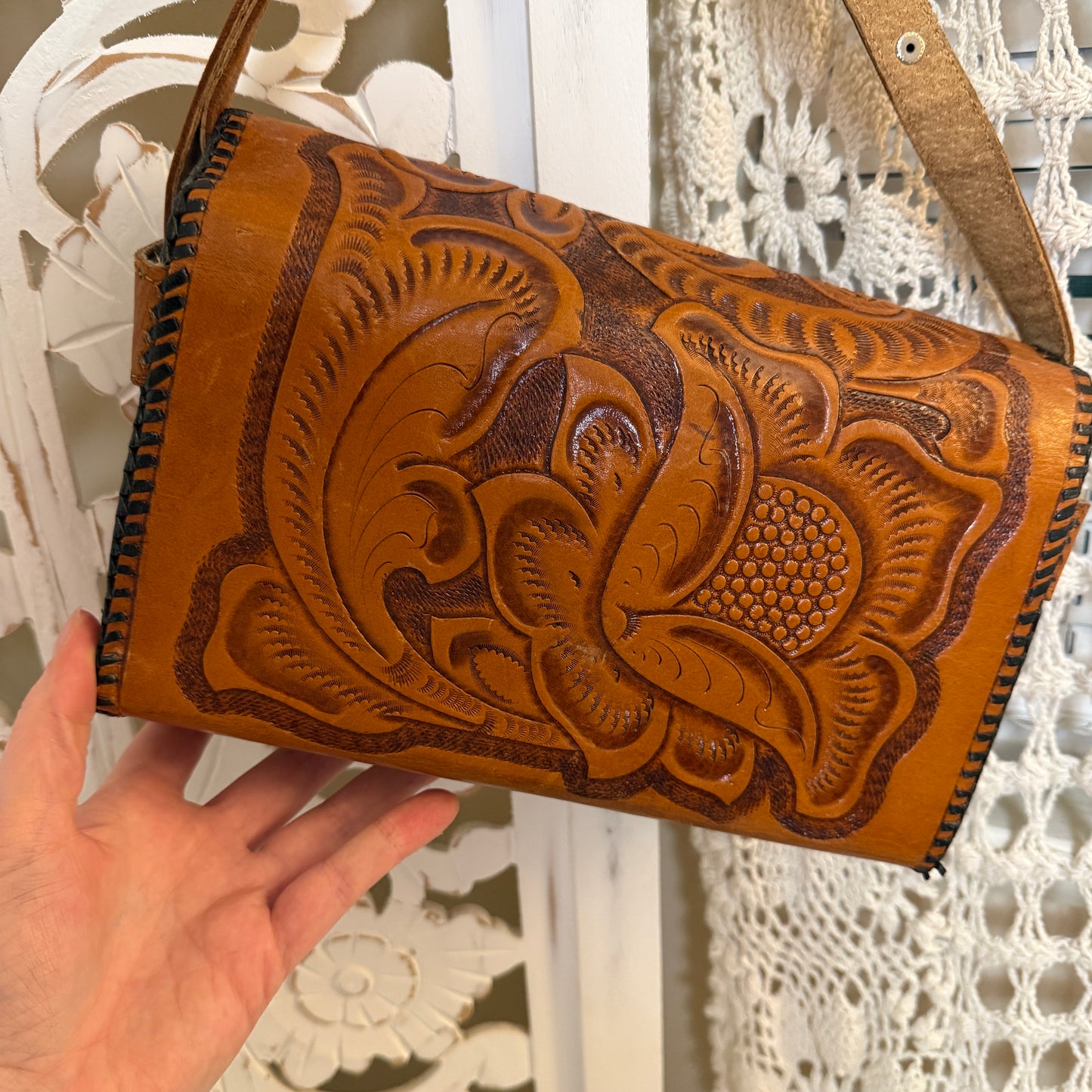 Reversible Vintage Artisan Made Cow Hide Tooled Leather Purse