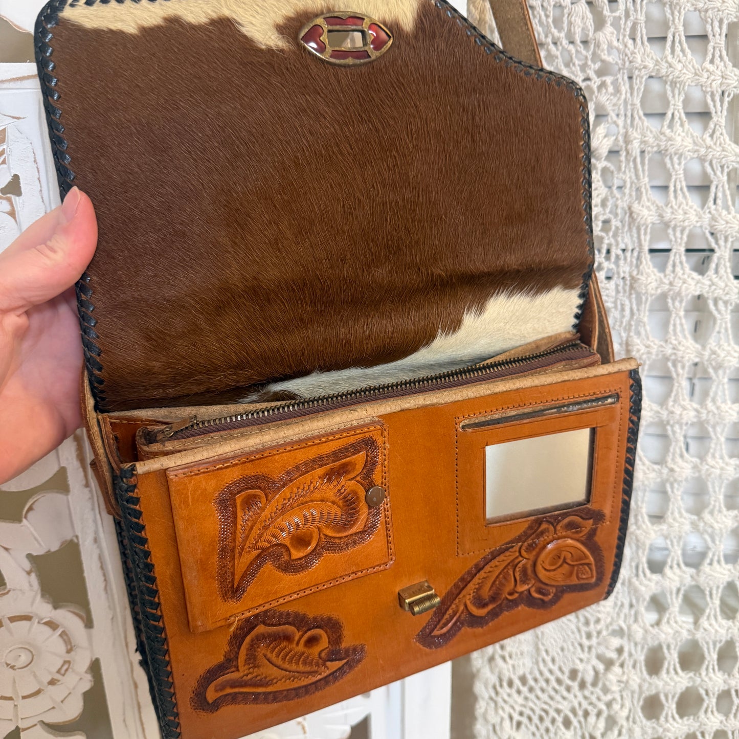 Reversible Vintage Artisan Made Cow Hide Tooled Leather Purse