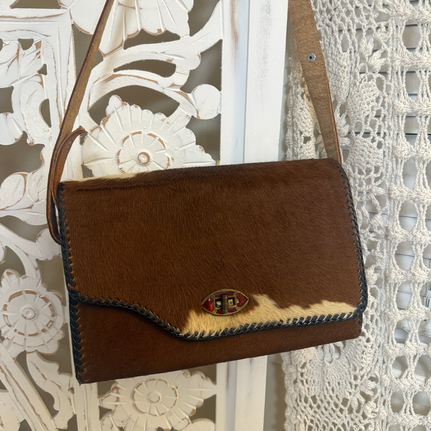 Reversible Vintage Artisan Made Cow Hide Tooled Leather Purse