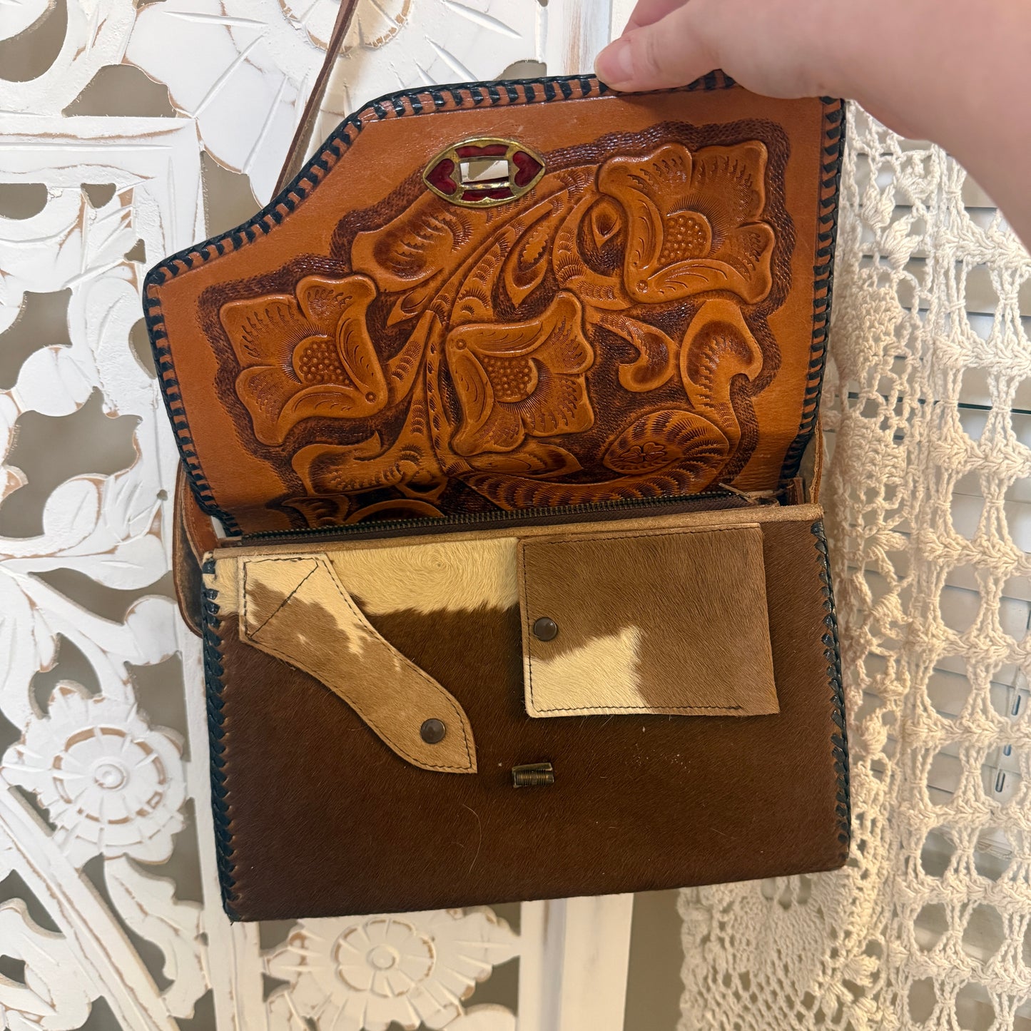 Reversible Vintage Artisan Made Cow Hide Tooled Leather Purse