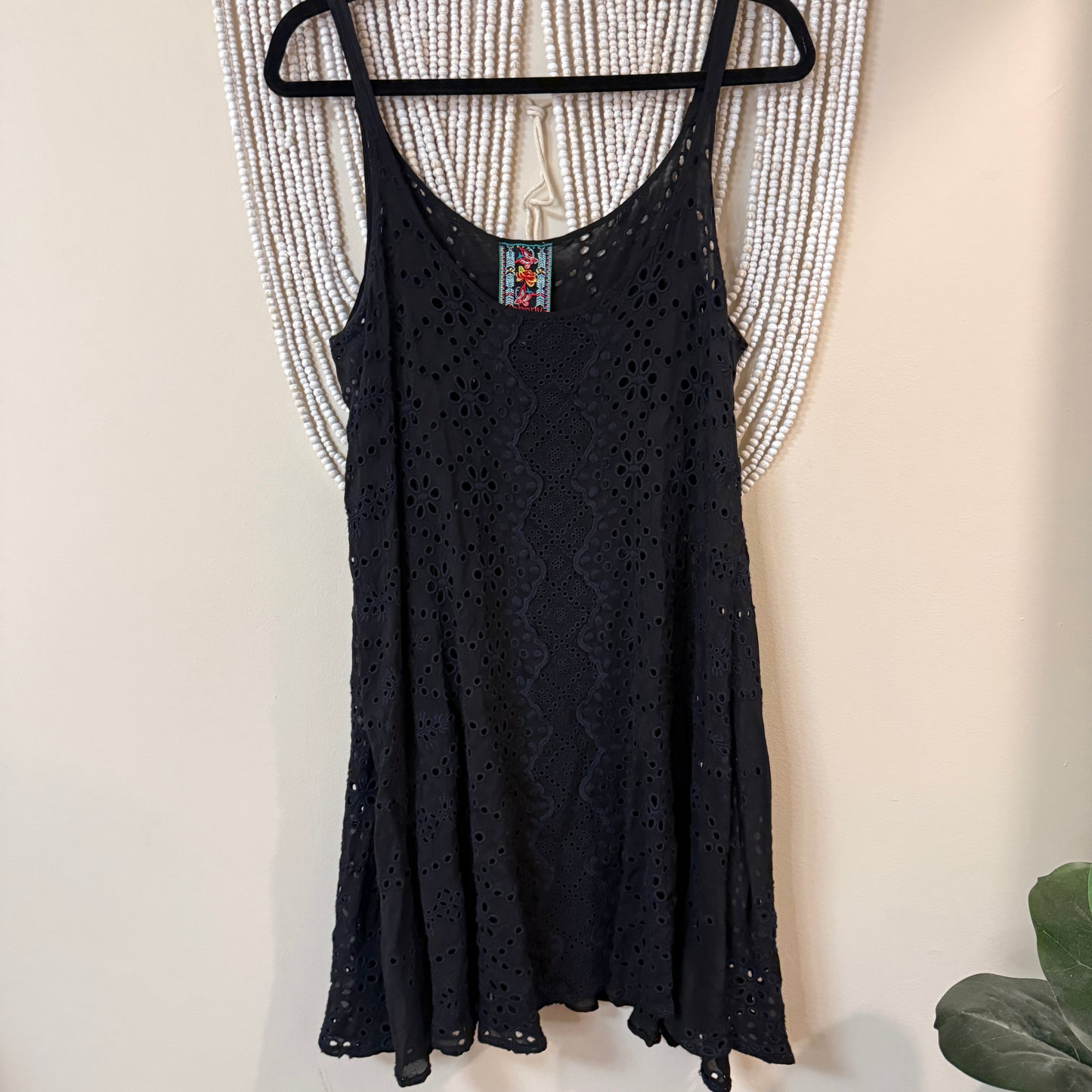 Johnny Was Black Eyelet Lace Cupro Rayon Tunic Mini Dress S