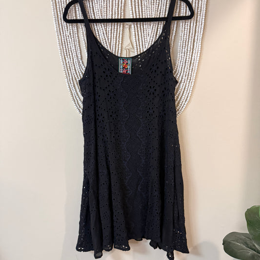 Johnny Was Black Eyelet Lace Cupro Rayon Tunic Mini Dress S