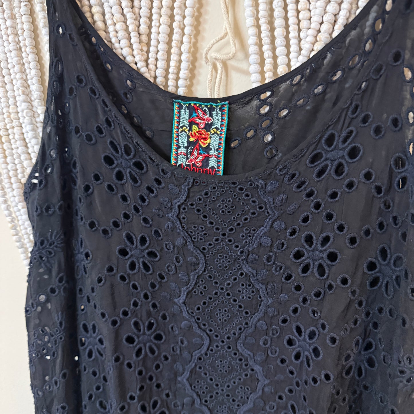 Johnny Was Black Eyelet Lace Cupro Rayon Tunic Mini Dress S