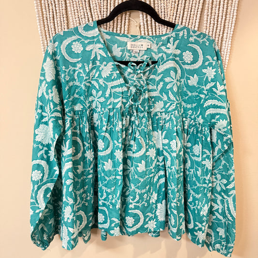 Molly Bracken Cotton Aqua Block Print Blouse M
