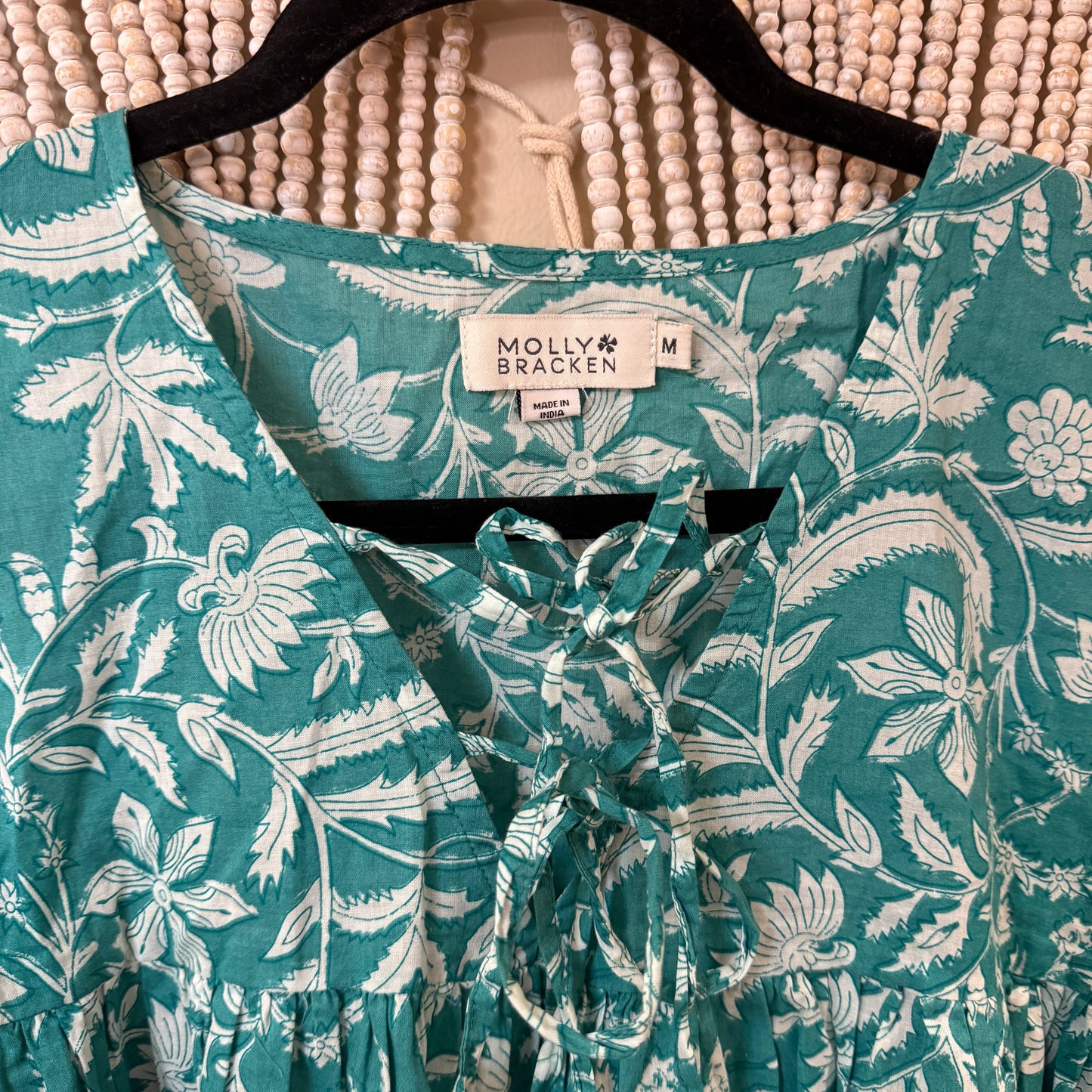 Molly Bracken Cotton Aqua Block Print Blouse M