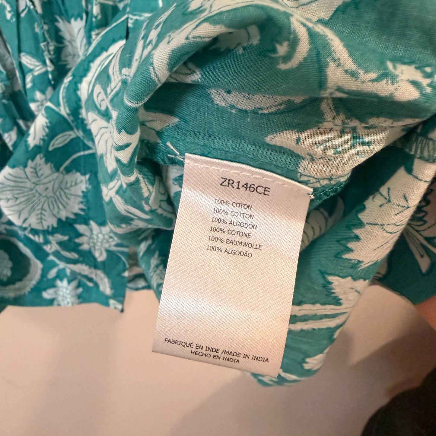 Molly Bracken Cotton Aqua Block Print Blouse M
