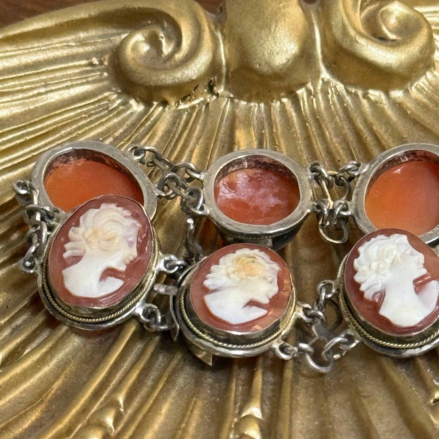 Antique 925 Sterling Silver Shell Carved Cameo Bracelet