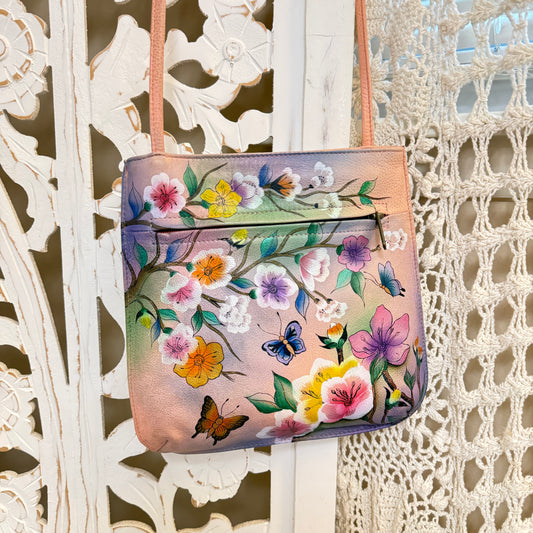 Anuschka One Of A Kind Handpainted Floral Butterfly Genuine Leather Crossbody Purse