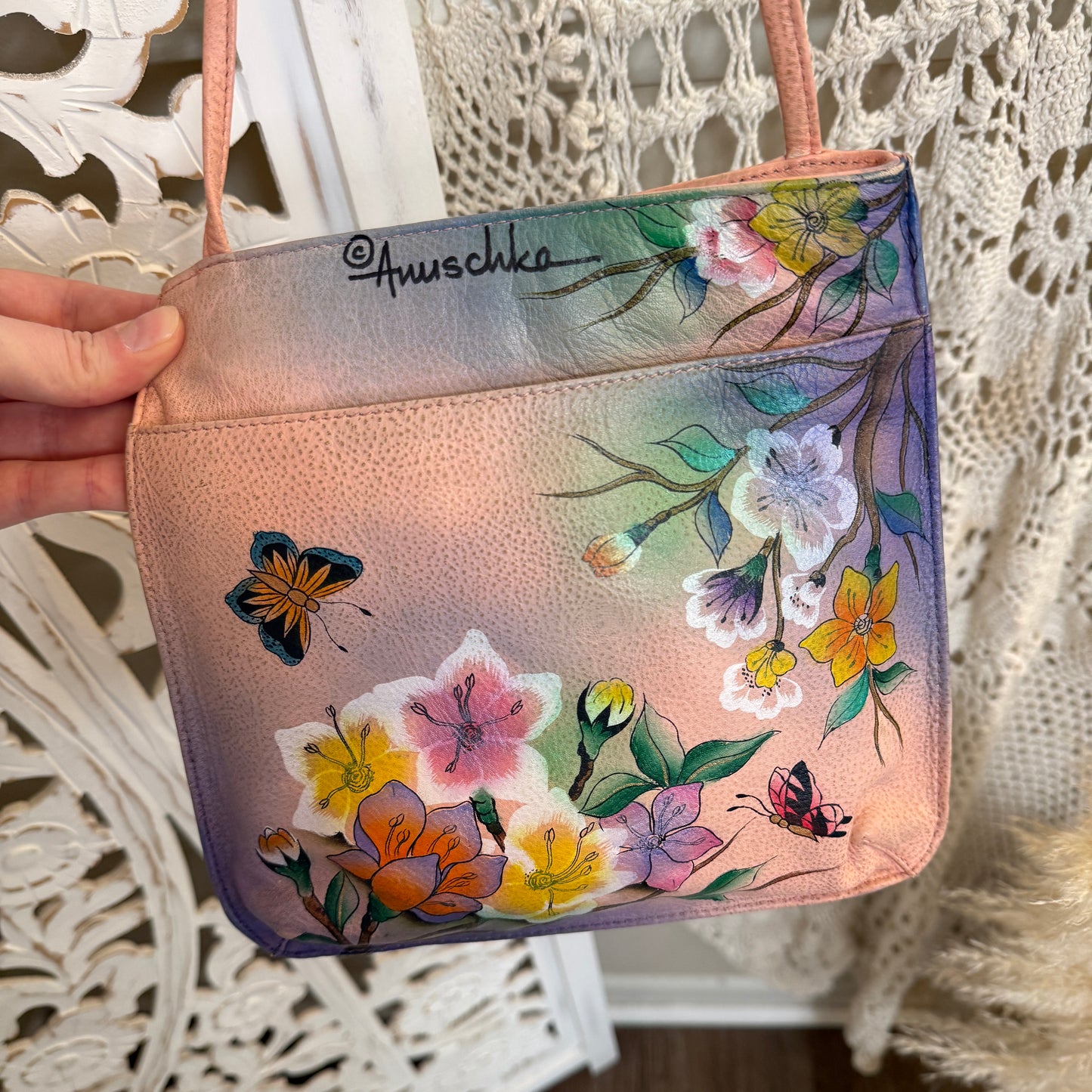 Anuschka One Of A Kind Handpainted Floral Butterfly Genuine Leather Crossbody Purse