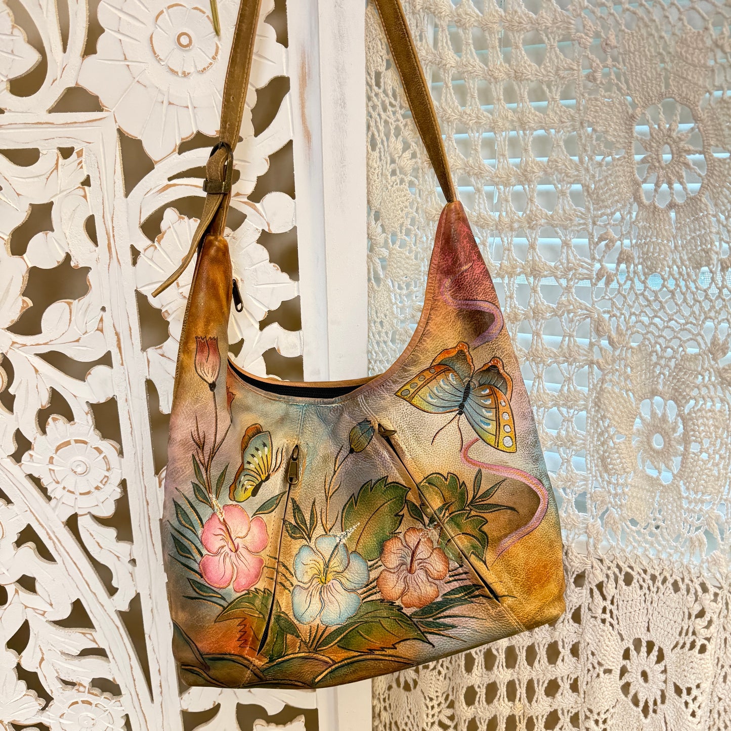 Anuschka Handpainted Genuine Leather Floral Butterfly Shoulder Bag