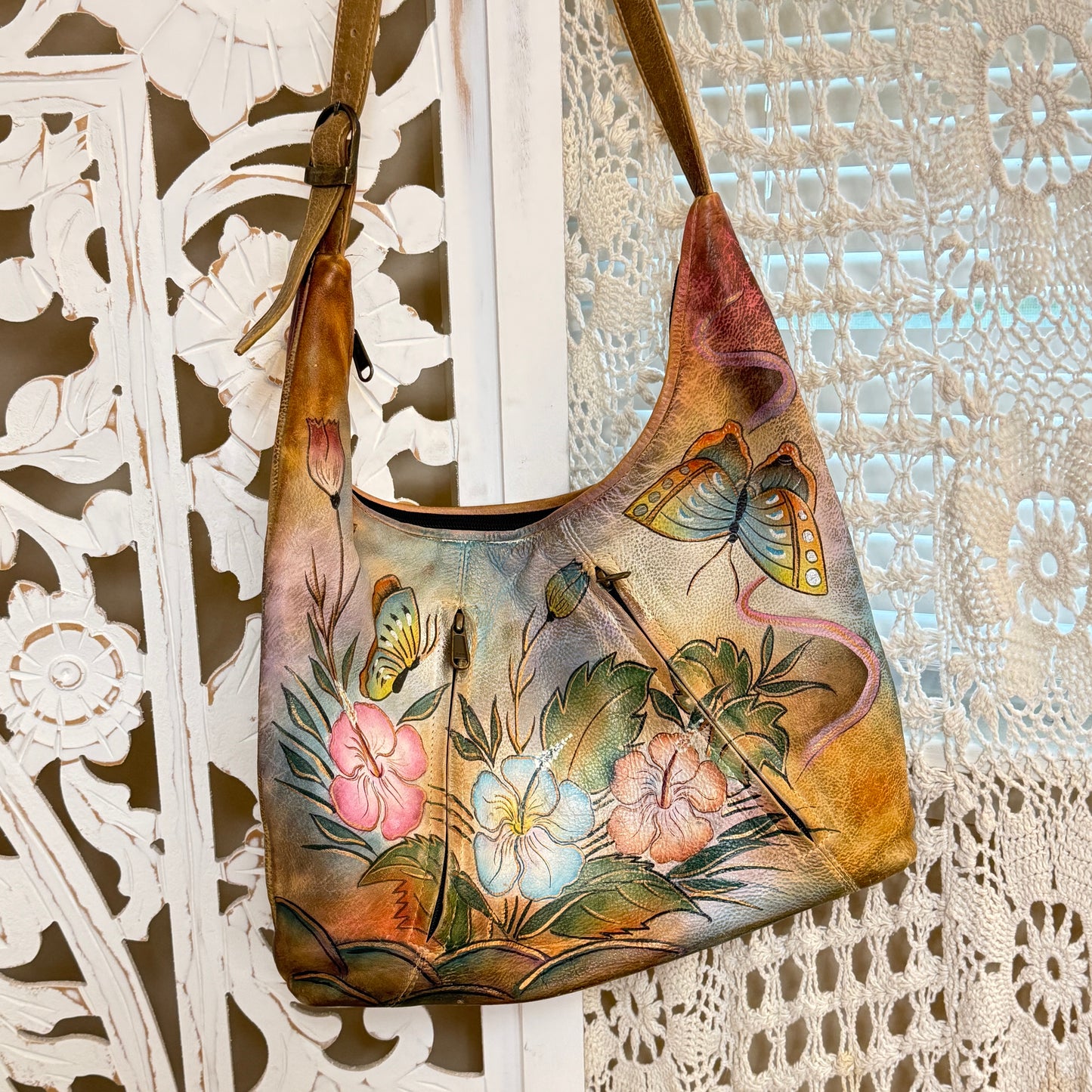 Anuschka Handpainted Genuine Leather Floral Butterfly Shoulder Bag