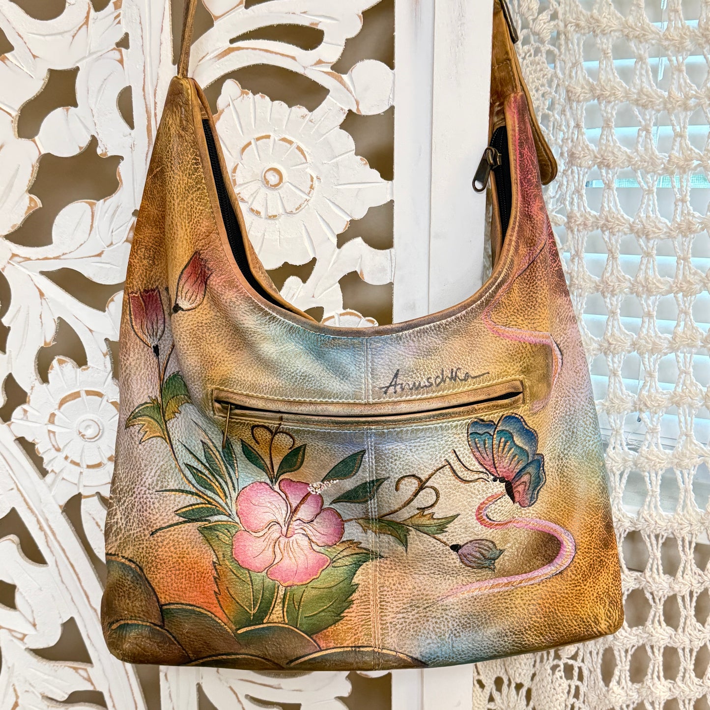 Anuschka Handpainted Genuine Leather Floral Butterfly Shoulder Bag
