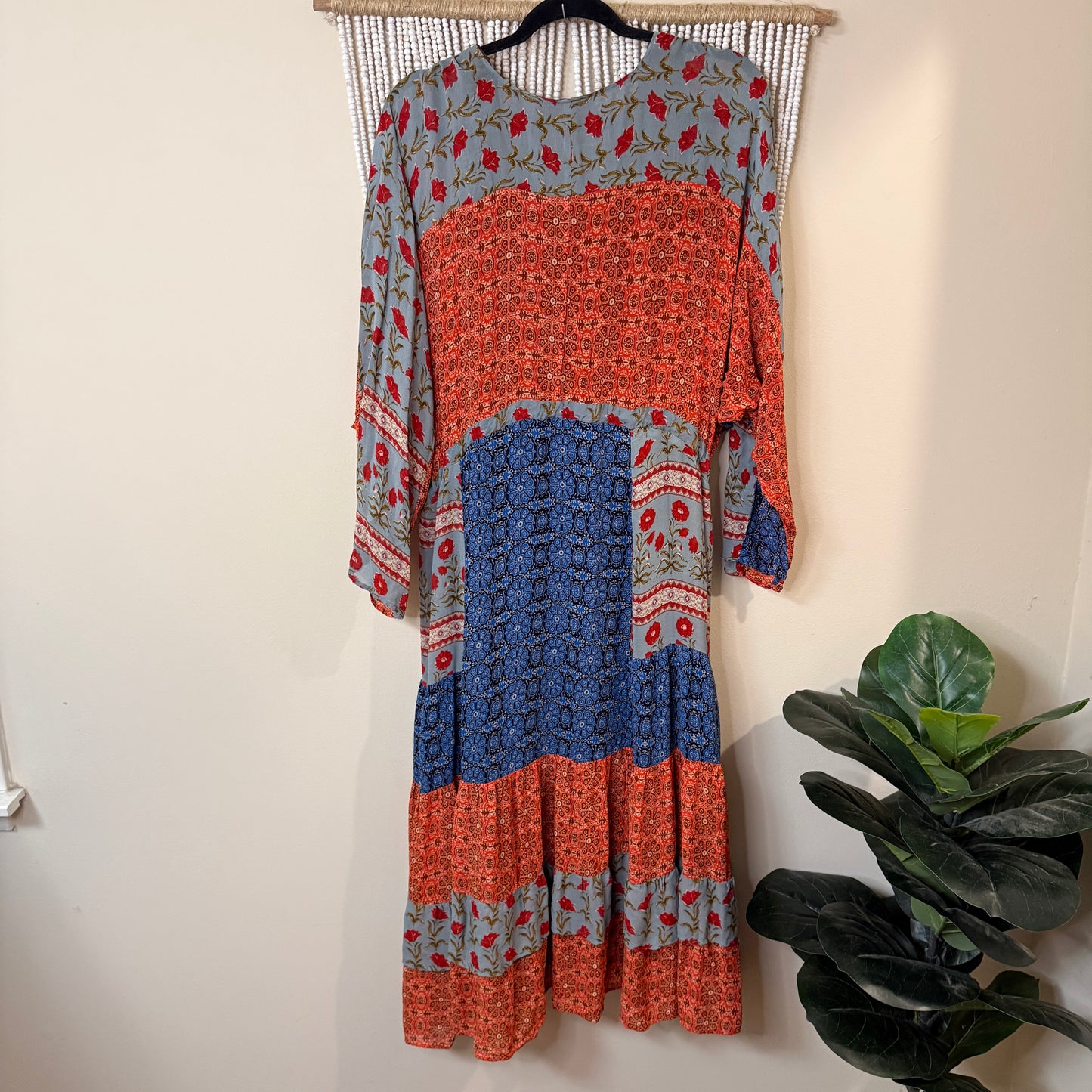 Zara Midi Length Patchwork Print Boho Dress XL