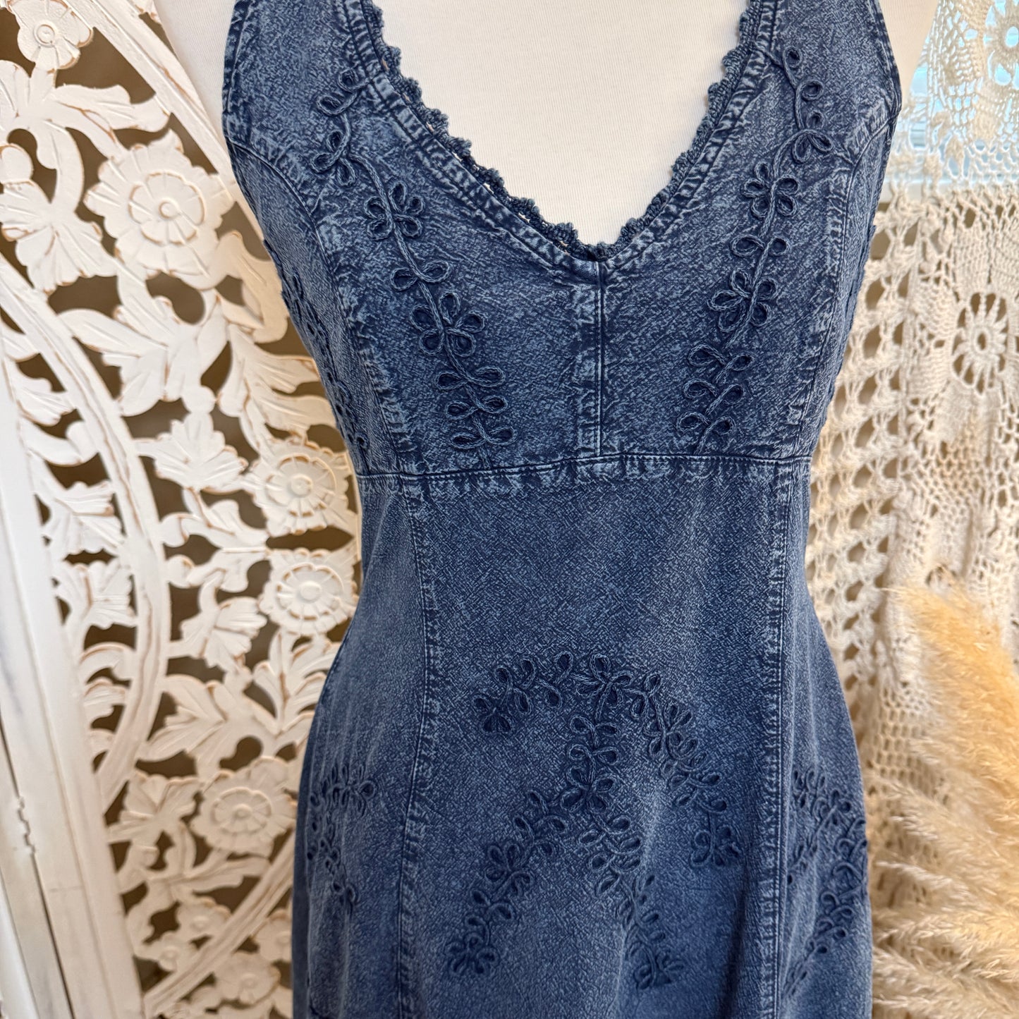 Scully Cotton Blend Cantina Collection Blue Embroidered Halter Dress M