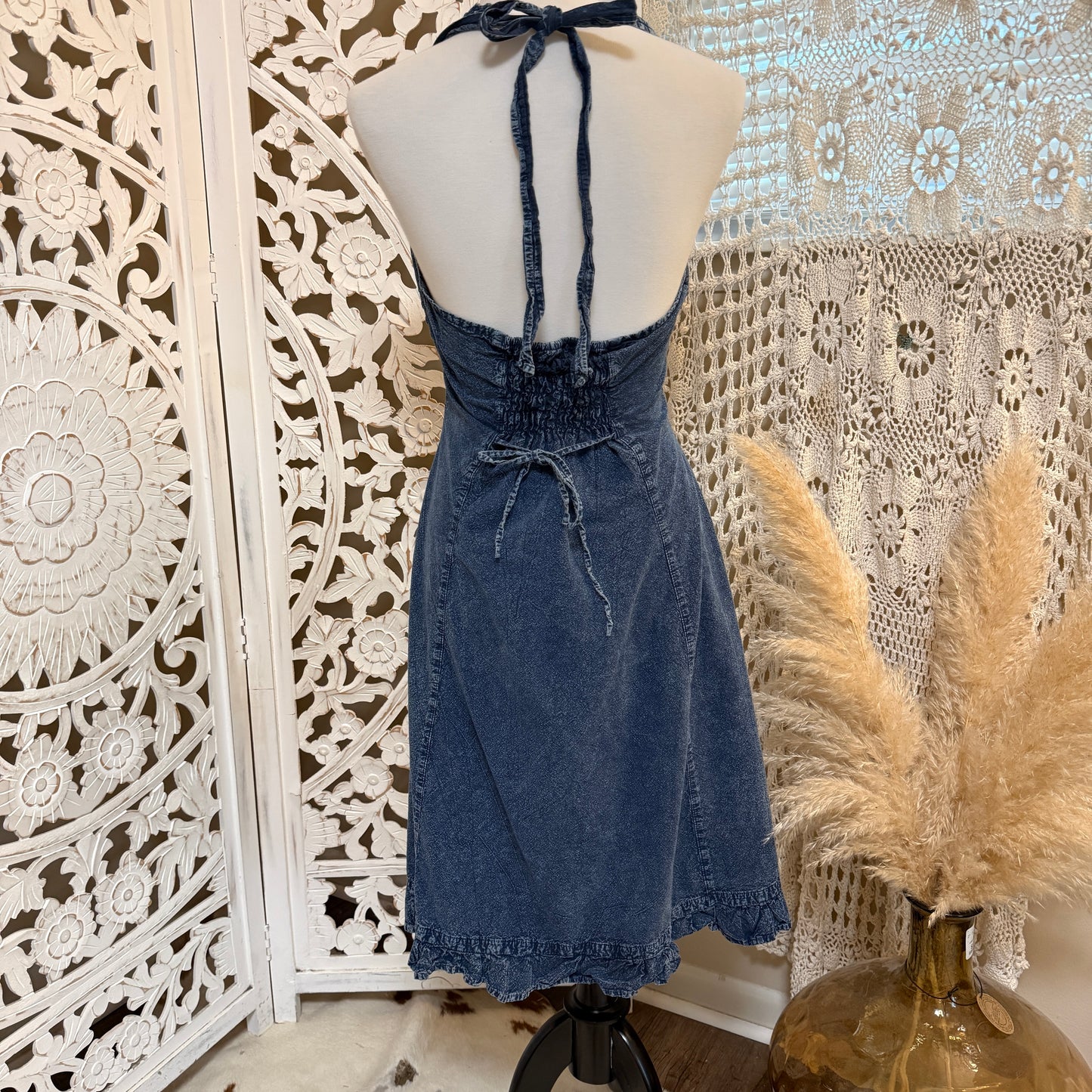 Scully Cotton Blend Cantina Collection Blue Embroidered Halter Dress M