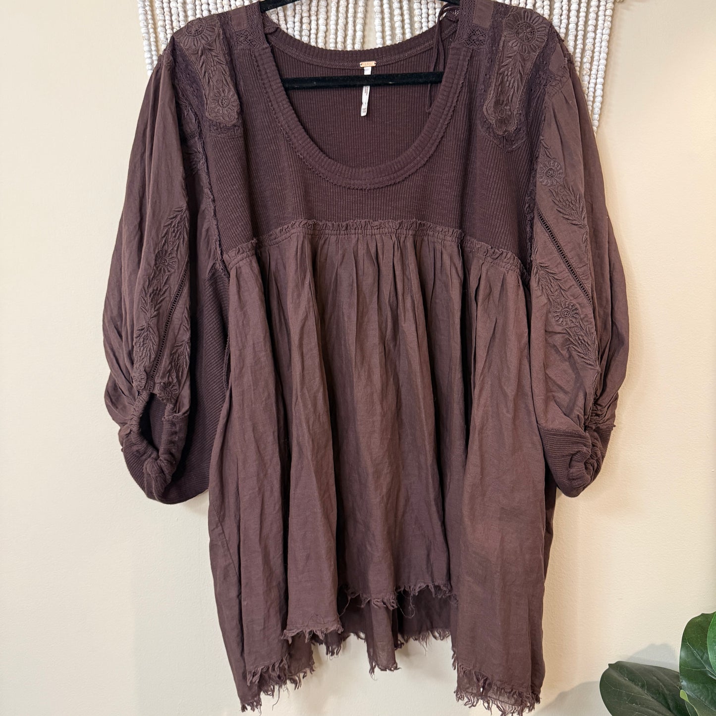 Free People Brown Embroidered Oversized Sunday Tunic Top XS/S