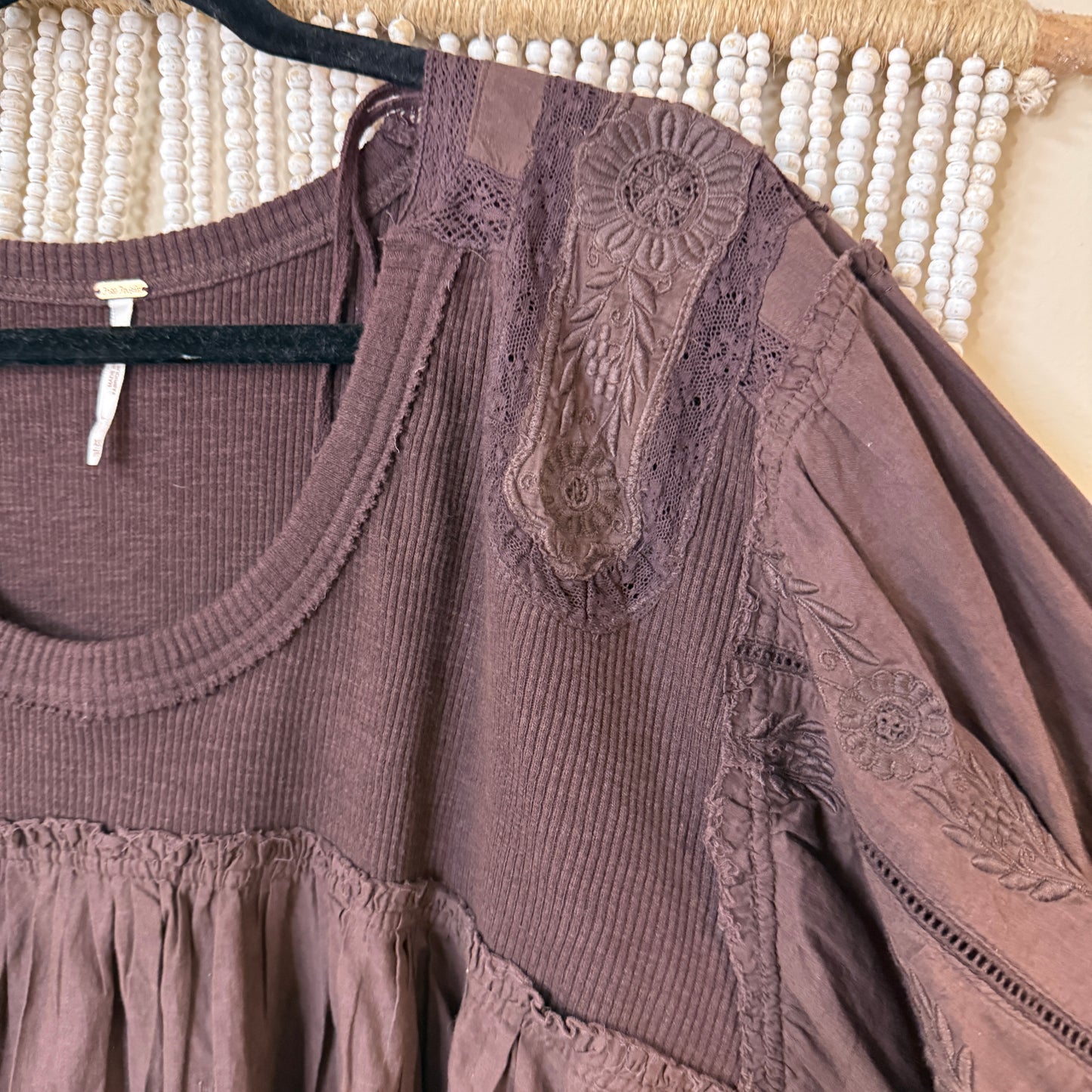 Free People Brown Embroidered Oversized Sunday Tunic Top XS/S