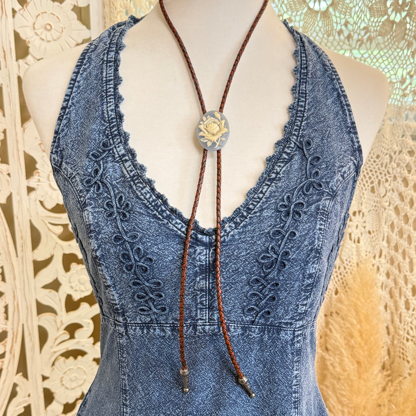 Blue Rose Cameo Style Upcycled/Handmade Bolo Tie