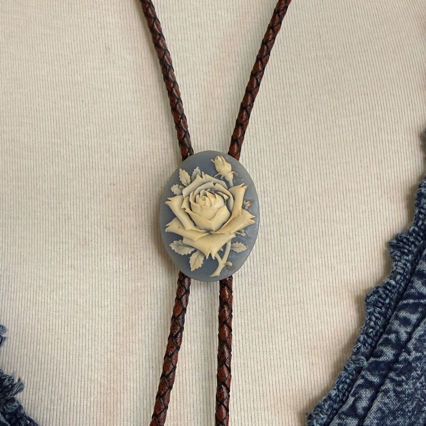 Blue Rose Cameo Style Upcycled/Handmade Bolo Tie