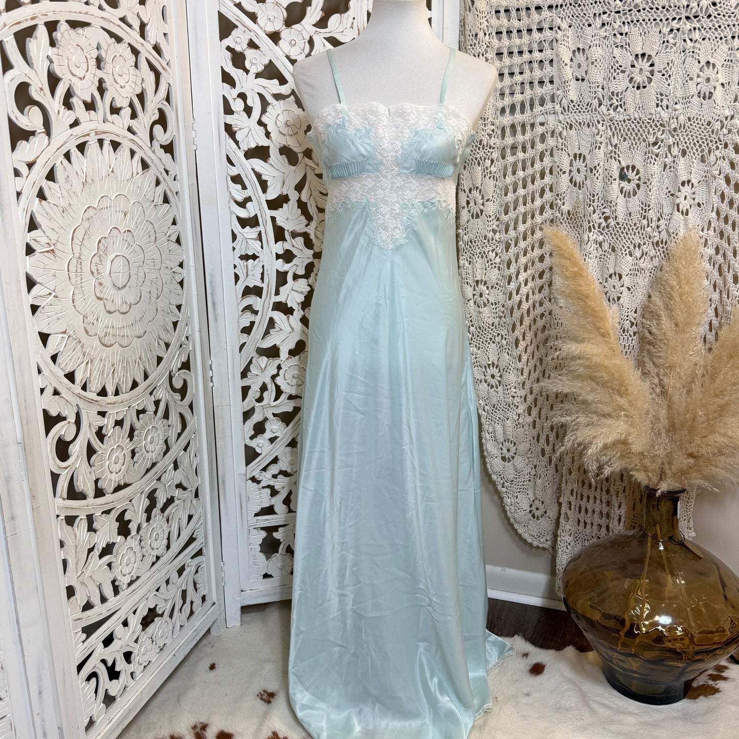 Windy Rose Vintage Blue Lace Detail Maxi Length Night Gown Dress S