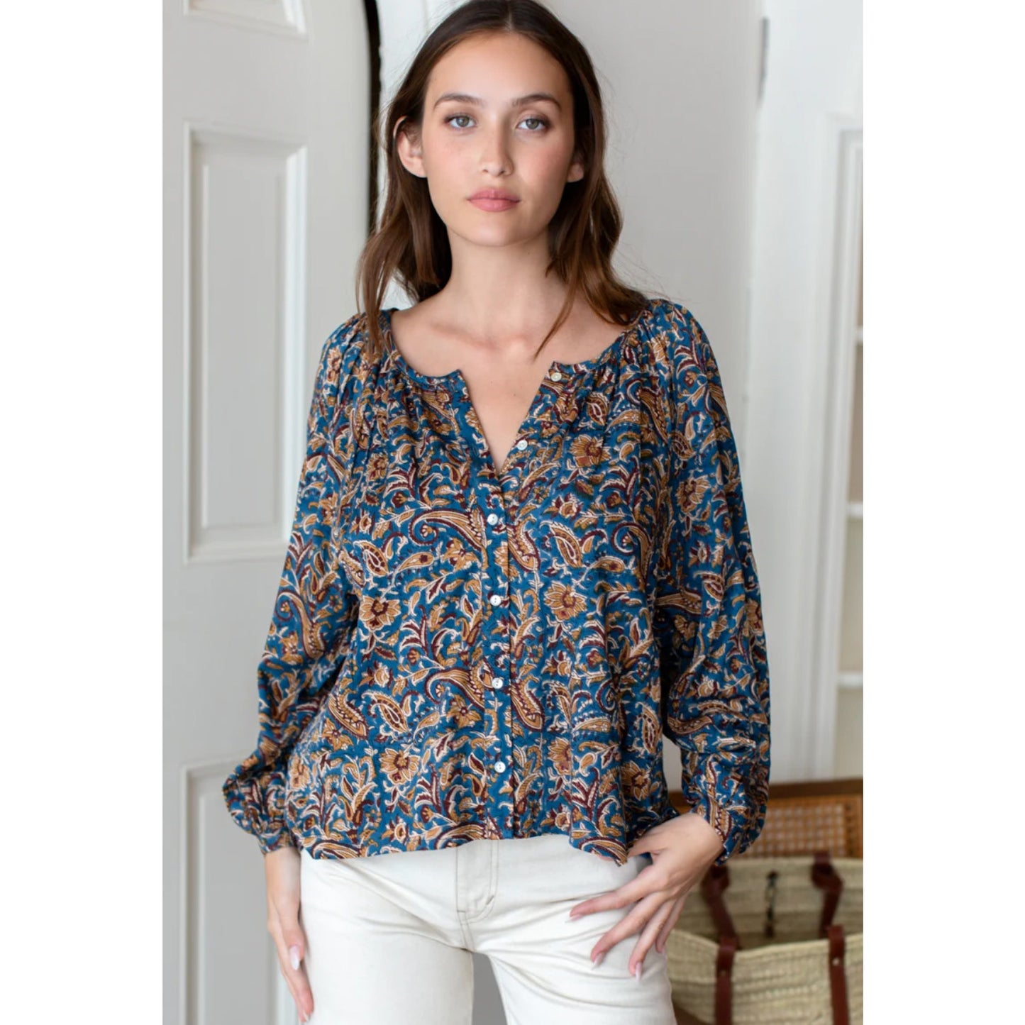 India Collection By Emerson Fry Tamara Cotton Blue Blouse M