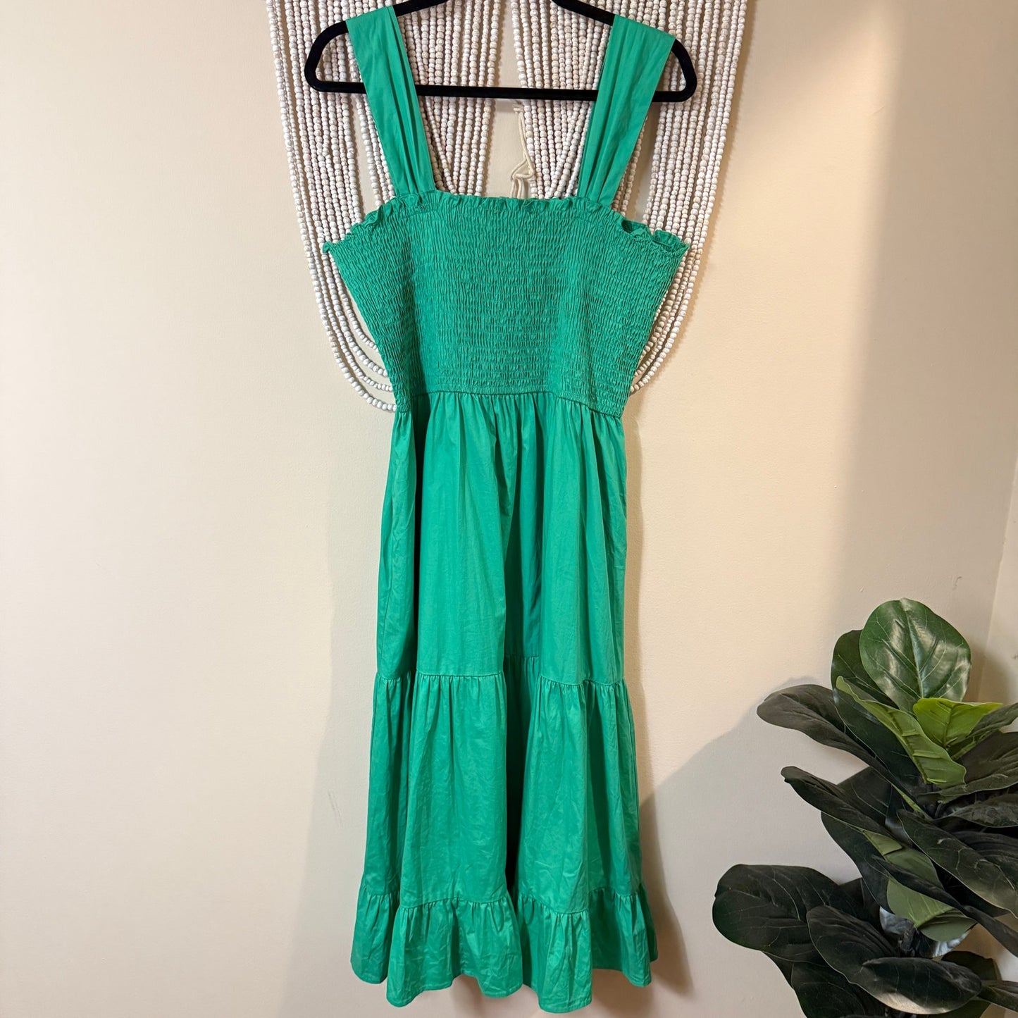 THML Green Smocked Midi Length Tiered Dress L